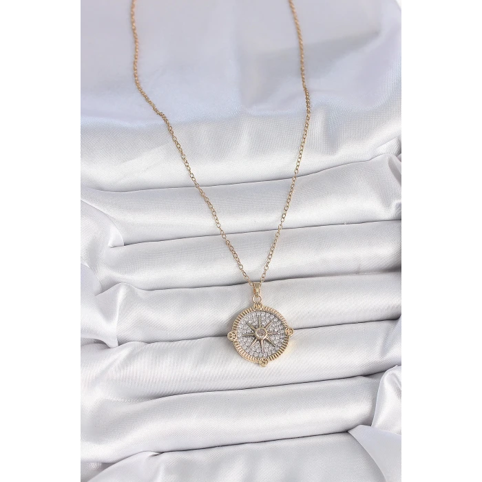 316L Çelik Gold Renk Zirkon Taşlı Pusula Model Kadın Kolye