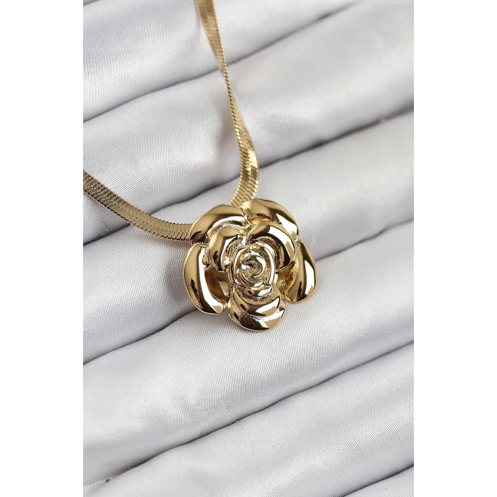 316L Çelik Gül Figürlü İtalyan Zincir Model Gold Renk Kadın Kolye