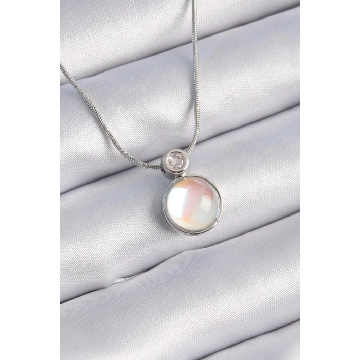 316L Çelik Gümüş Renk Beyaz Sedefli Vintage Model Kadın Kolye