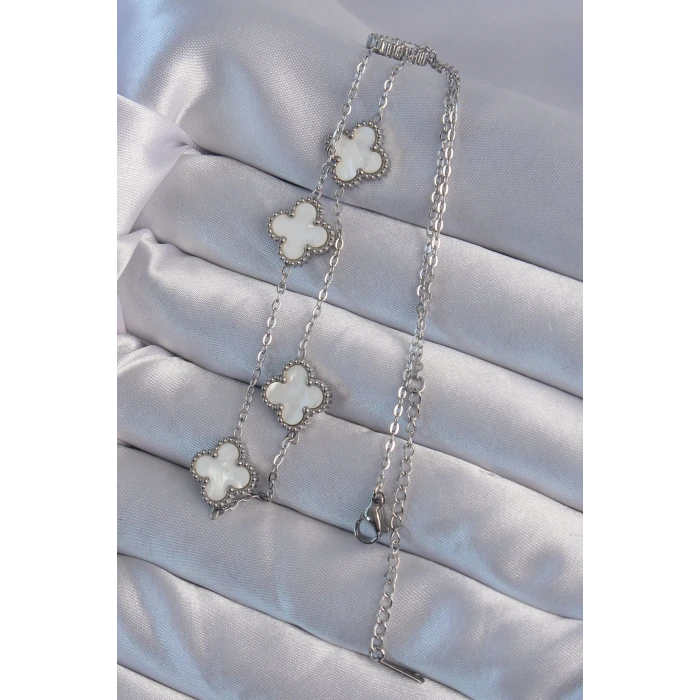 316L Çelik Gümüş Renk Beyaz Sedefli Yonca Kolye