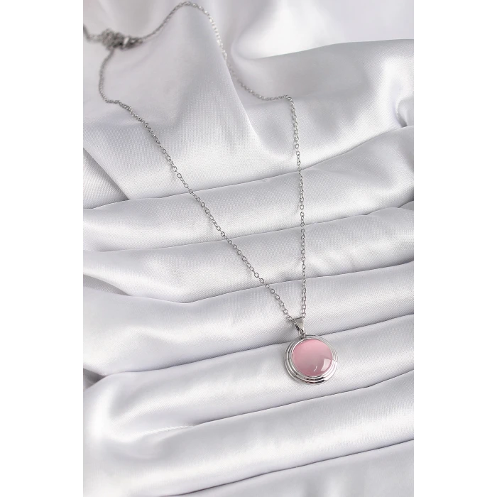 316L Çelik Gümüş Renk Daire Pembe Sedefli Model Kadın Kolye
