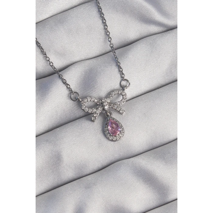 316L Çelik Gümüş Renk Fiyonk Detay Pembe Zirkon Taşlı Damla Kolye