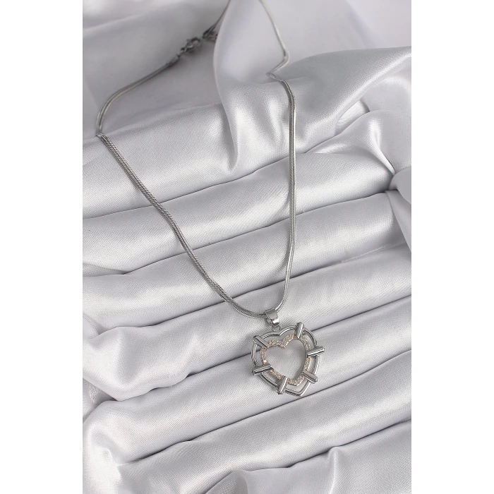 316L Çelik Gümüş Renk İtalyan Zincir Mix Renk Zirkon Taş Detay Kalp Model Kadın Kolye