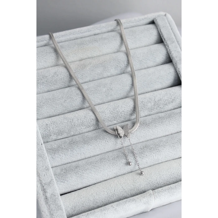 316L Çelik Gümüş Renk İtalyan Zincir Model Simli Kelebek Figür Kadın Kolye