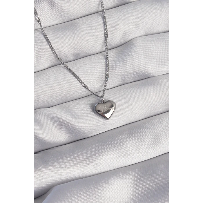 316L Çelik Gümüş Renk Kalp Model Love Kolye