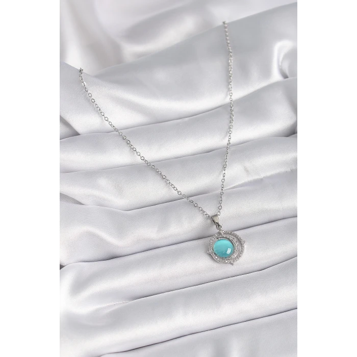 316L Çelik Gümüş Renk Mavi Sedefli Hilal Model Kadın Kolye