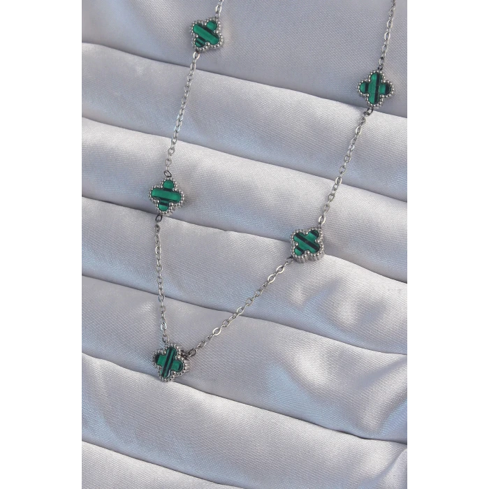 316L Çelik Gümüş Renk Minimal Yeşil Mineli Yonca Kolye