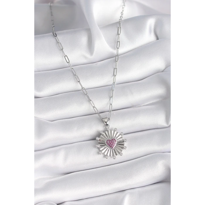 316L Çelik Gümüş Renk Pembe Zirkon Taşlı Kalp İşleme Madalyon Model Kadın Kolye