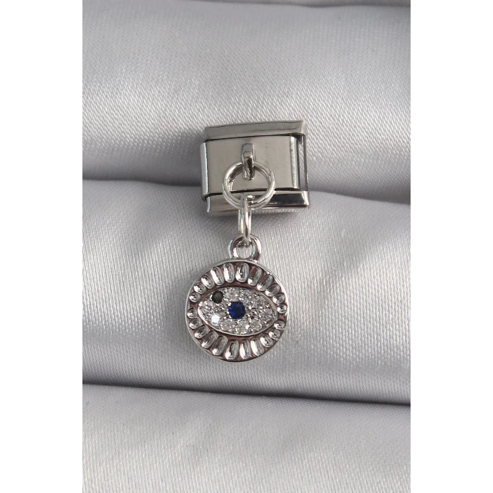 316L Çelik Gümüş Renk Sallantı Zirkon Taşlı Göz Model Nomination Charm