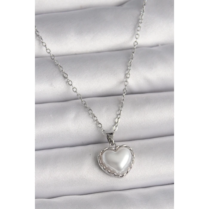 316L Çelik Gümüş Renk Zincir 3D İnci Kalp Model Kadın Kolye