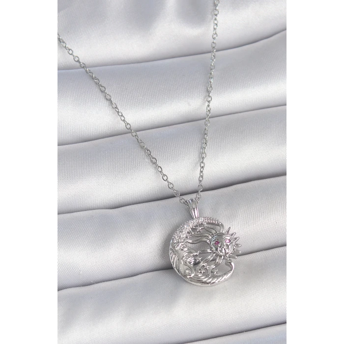 316L Çelik Gümüş Renk Zincir Ay Güneş Model Zirkon Taş Detay Kadın Kolye