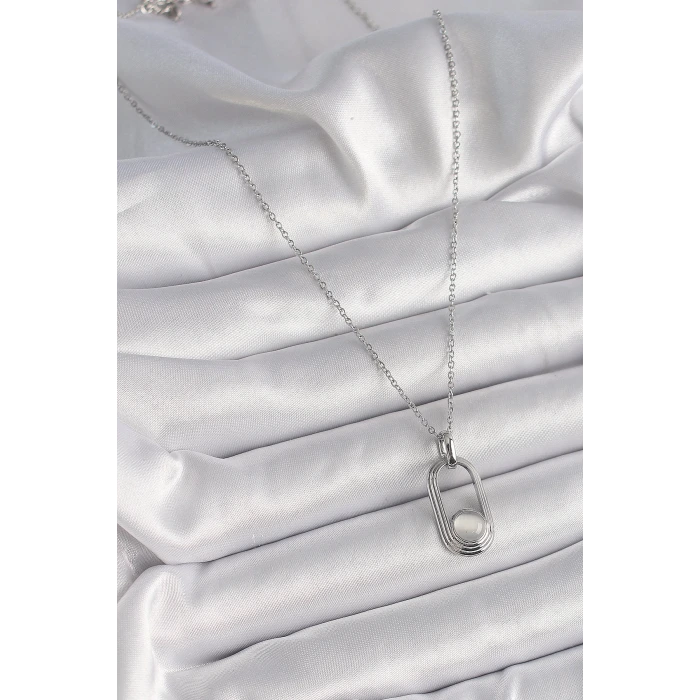 316L Çelik Gümüş Renk Zincir Beyaz Kedi Göz Model Kadın Kolye