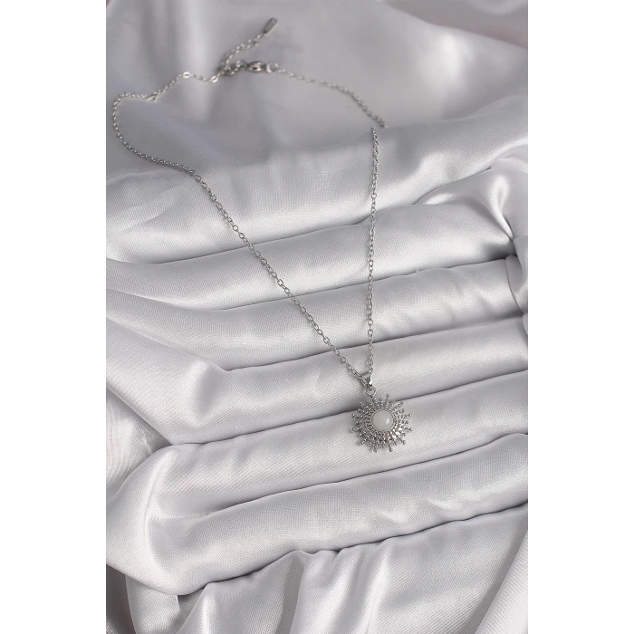316L Çelik Gümüş Renk Zincir Beyaz Mineli Güneş Model Kadın Kolye