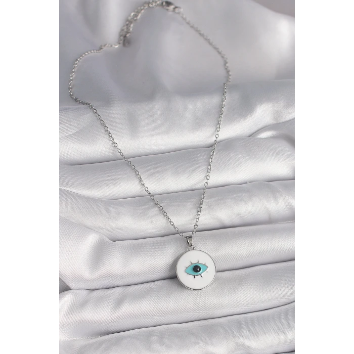 316L Çelik Gümüş Renk Zincir Beyaz Mineli Turkuaz Göz İşleme Model Kadın Kolye