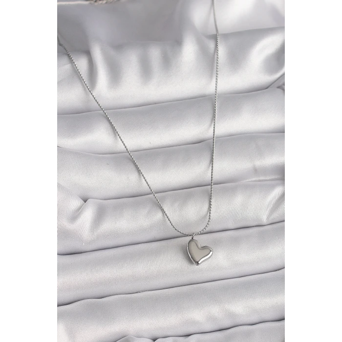 316L Çelik Gümüş Renk Zincir Kalp Figür Kadın Kolye