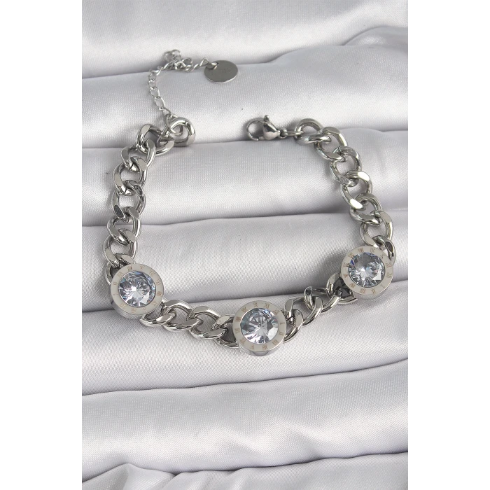 316L Çelik Gümüş Renk Zincir Model Zirkon Taşlı İşleme Detaylı Kadın Bileklik