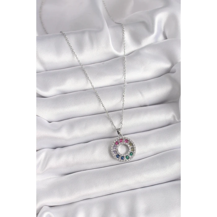 316L Çelik Gümüş Renk Zincir Renkli Zirkon Taşlı Madalyon Model Kadın Kolye