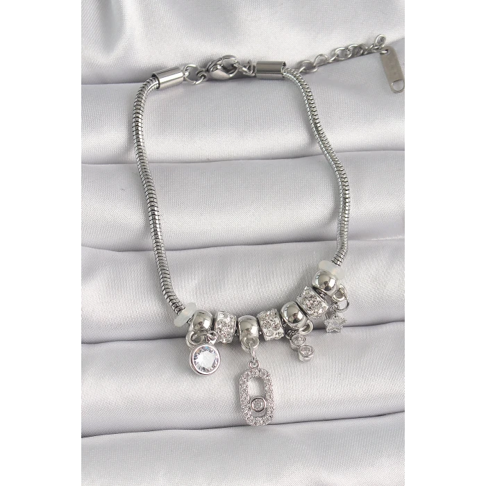 Pirinç Gümüş Renk Zincir Sallantı Zirkon Taşlı Messika Figür Yıldız Detay Kadın Bileklik