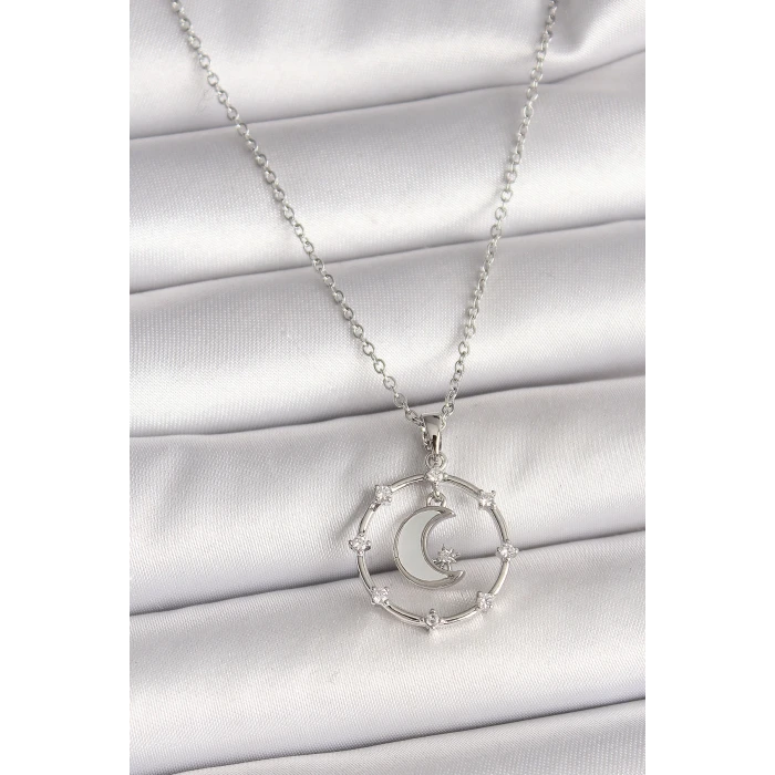 316L Çelik Gümüş Renk Zincir Zirkon Taşlı Beyaz Mineli Hilal Model Kadın Kolye