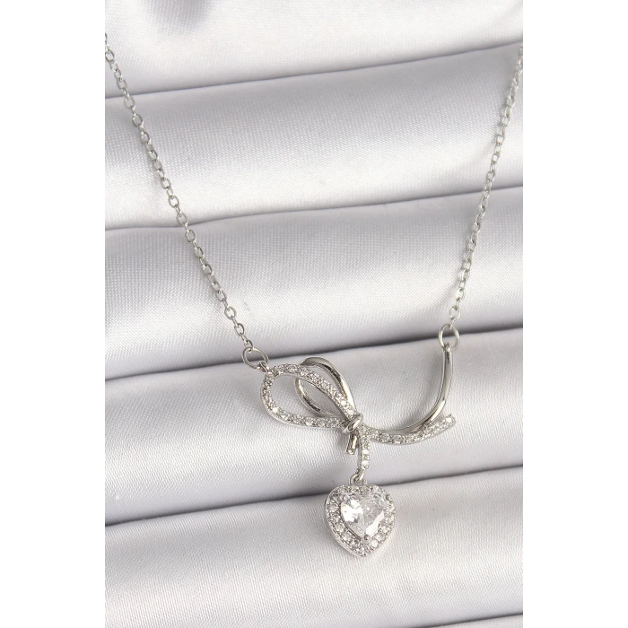 316L Çelik Gümüş Renk Zincir Zirkon Taşlı Düğüm Sallantı Kalp Figür Kadın Kolye