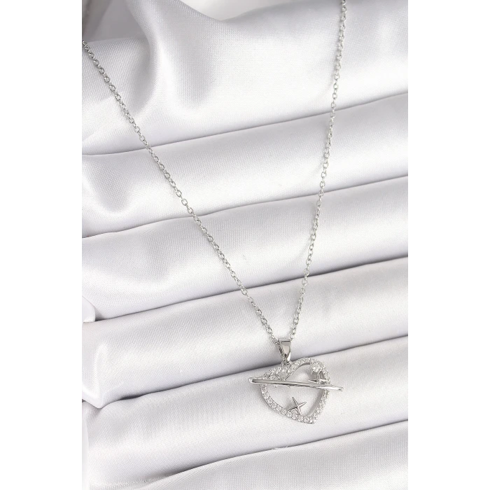 316L Çelik Gümüş Renk Zincir Zirkon Taşlı Kalp Model Yıldız Detay Kadın Kolye