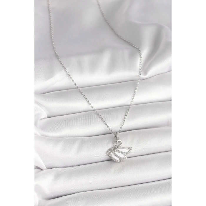 316L Çelik Gümüş Renk Zincir Zirkon Taşlı Kuğu Model Kadın Kolye