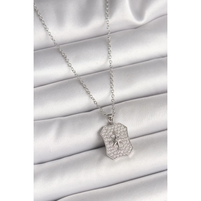 316L Çelik Gümüş Renk Zincir Zirkon Taşlı Kutup Yıldız İşlemeli Madalyon Model Kadın Kolye