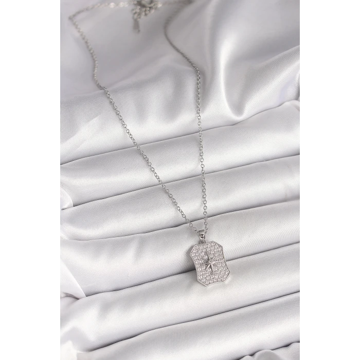 316L Çelik Gümüş Renk Zincir Zirkon Taşlı Kutup Yıldız İşlemeli Madalyon Model Kadın Kolye