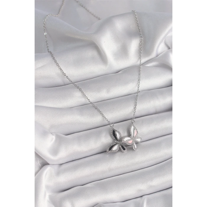 316L Çelik Gümüş Renk Zincir Zirkon Taşlı Renkli Kelebek Model Kadın Kolye