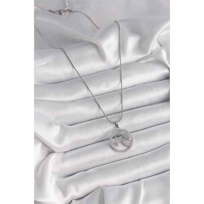 316L Çelik Gümüş Renk Zincir Zirkon Taşlı Yıldız Madalyon Model Kadın Kolye