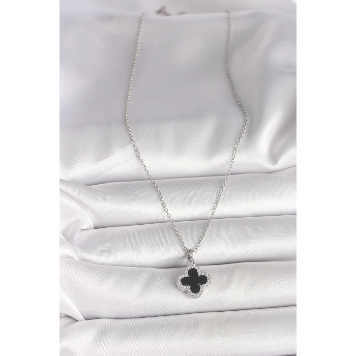 316L Çelik Gümüş Renk Zincir Zirkon Taşlı Yonca Model Kadın Kolye