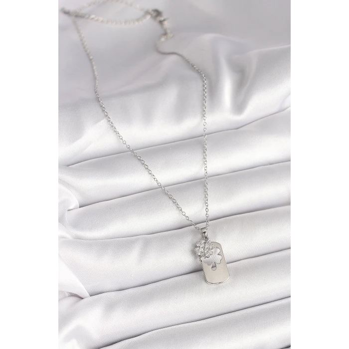 316L Çelik Gümüş Renk Zincir Zirkon Taşlı Yonca Model Kadın Kolye