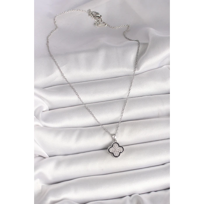 316L Çelik Gümüş Renk Zincir Zirkon Taşlı Yonca Model Kadın Kolye