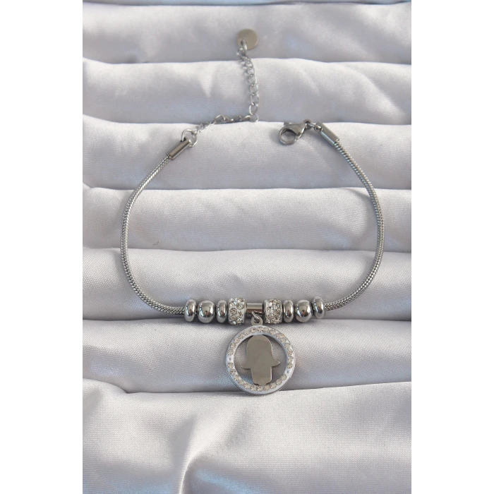 316L Çelik Gümüş Renk Zirkon Taş Aksesuarlı Fatma Ana Eli Bileklik