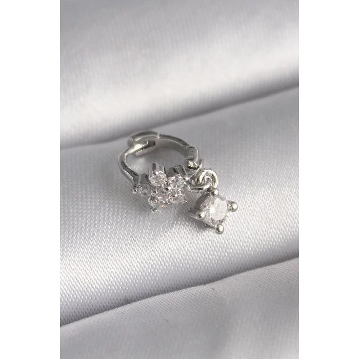 316L Çelik Gümüş Renk Zirkon Taşlı Çiçek Model Sallantı Detay Tragus Piercing