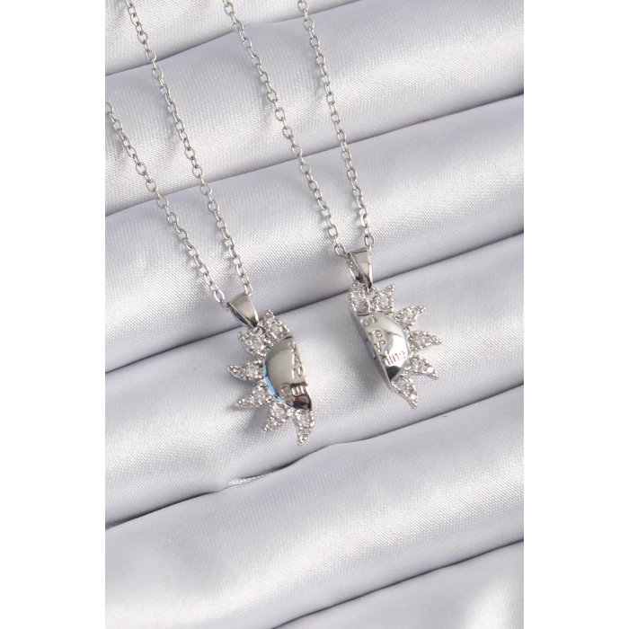 316L Çelik Gümüş Renk Zirkon Taşlı Güneş Model İşleme Yazı Detay Arkadaşlık Kolyesi