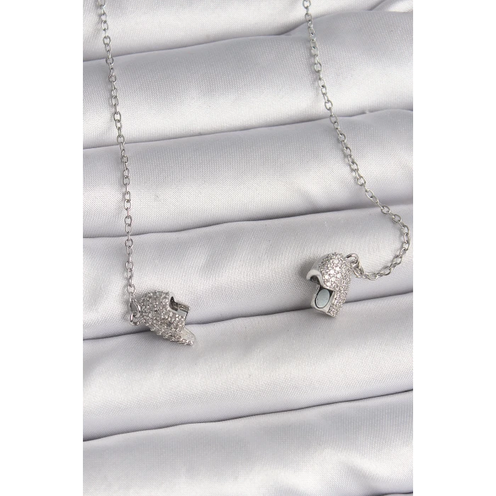 316L Çelik Gümüş Renk Zirkon Taşlı Mıknatıslı Kalp Model Kadın Kolye