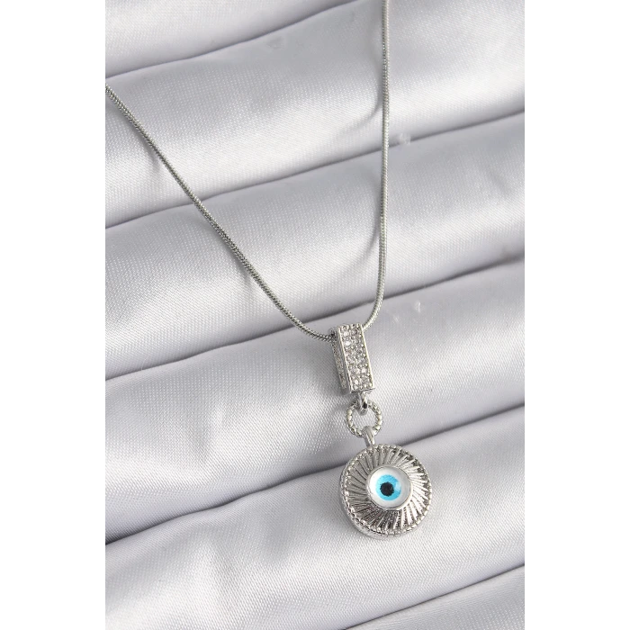 316L Çelik Gümüş Renk Zirkon Taşlı Nazar Boncuk Model Kadın Kolye