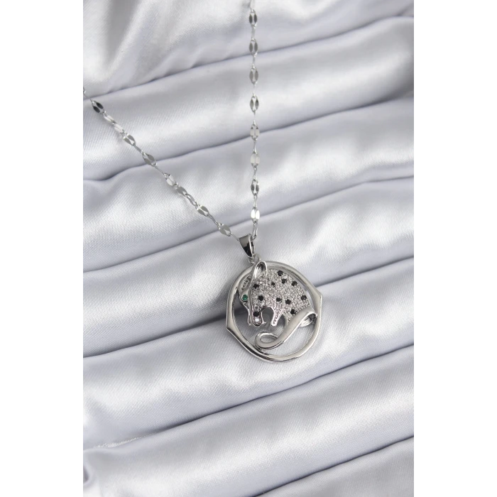 316L Çelik Gümüş Renk Zirkon Taşlı Jaguar Model Kadın Kolye