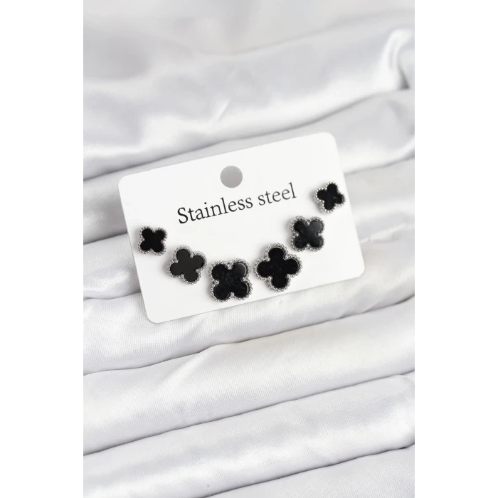 316L Çelik Gümüş Siyah Renk 3 Boy Yonca Küpe Seti