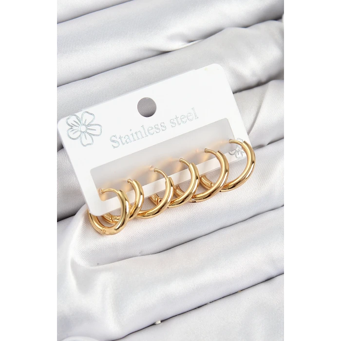 316L Çelik Halka Model Gold Renk 3lü Set Kadın Küpe