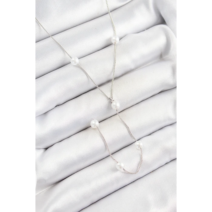 Pirinç İnci Figürlü Y Model Gümüş Renk Kadın Kolye