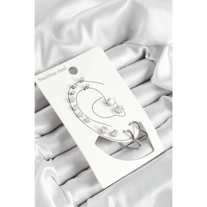 316L Çelik Kalp Figürlü Ve Zirkon Taşlı Gümüş Renk 7li Çift Kadın Küpe Set