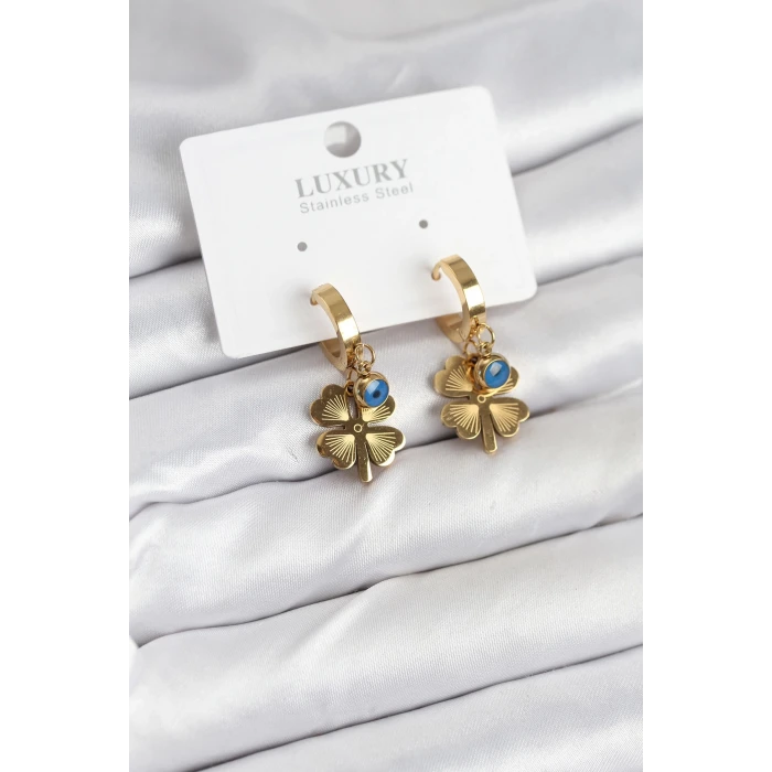 316L Çelik Nazarlı Yonca Model Kadın Küpe