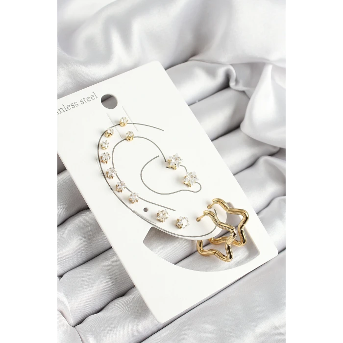 316L Çelik Yıldız Figürlü Ve Zirkon Taşlı Gold Renk 7li Çift Kadın Küpe Set