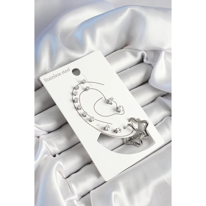 316L Çelik Yıldız Figürlü Ve Zirkon Taşlı Gümüş Renk 7li Çift Kadın Küpe Set