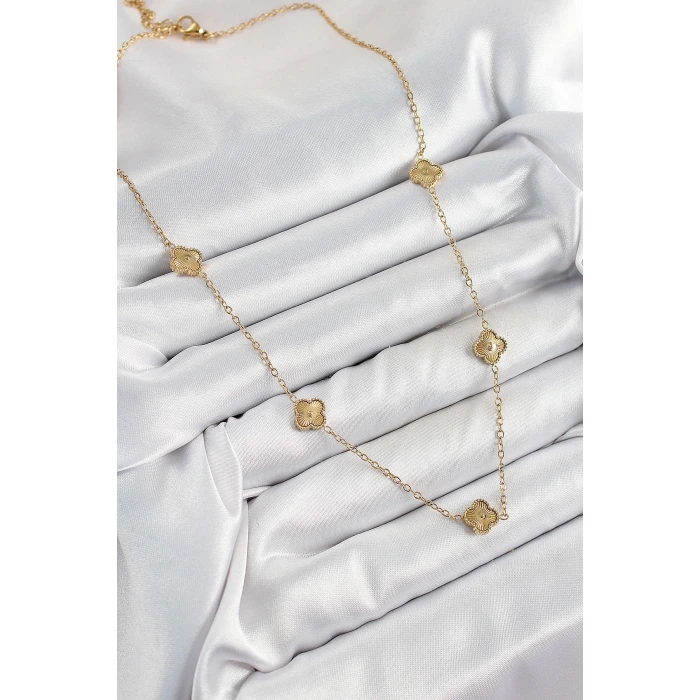 316L Çelik Yonca Model Gold Renk Kadın Kolye