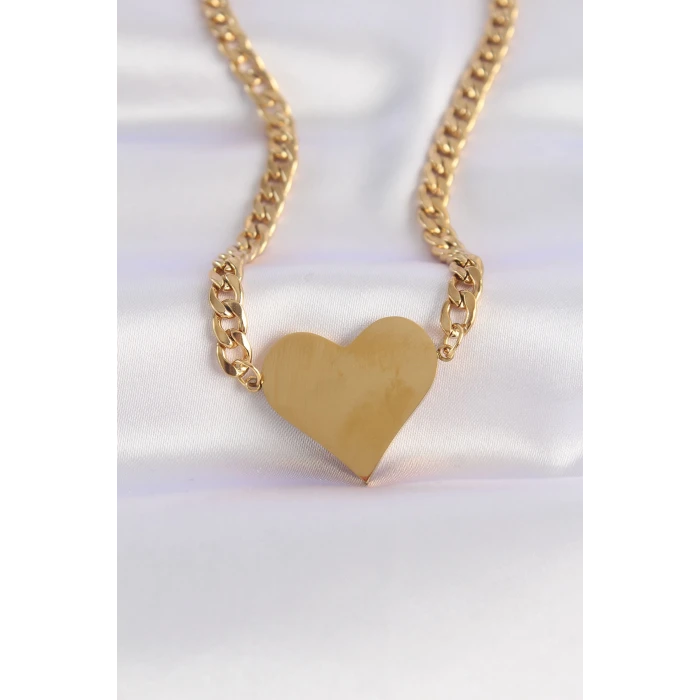 316L Çelik Zincir Altın Renk Düz Plaka Kalp Kolye