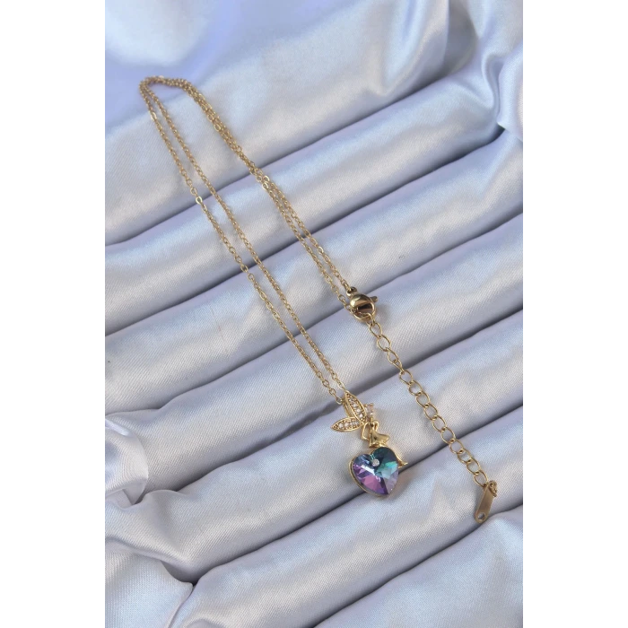 316L Çelik Zincir Altın Renk Mor Mavi Renk Zirkon Taşlı Kalp Detay Peri Kolye