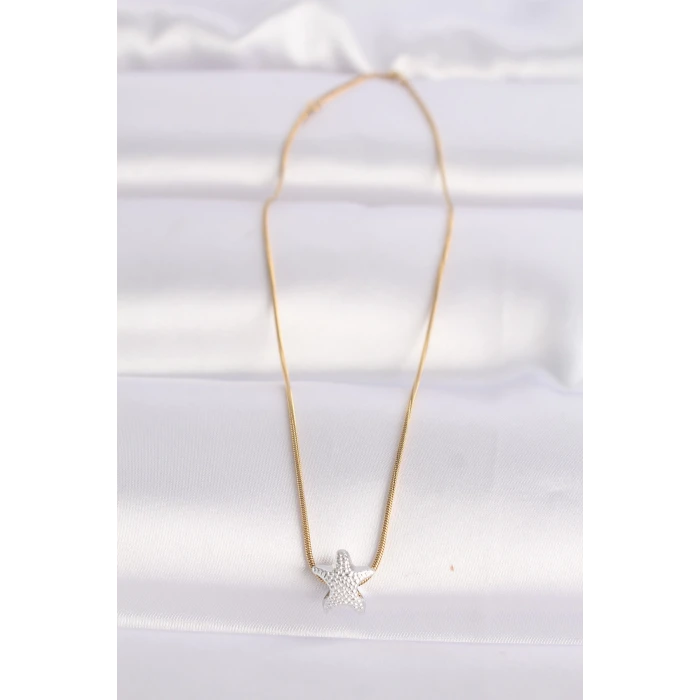 316L Çelik Zincir Altın Renk Zincirli Gümüş Renk Deniz Yıldızı Tasarımlı Kolye